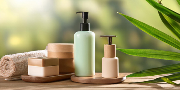 Mehrere Kosmetikbehälter mit Pump‑ und Schraubdeckeln stehen auf einer Holzfläche; daneben liegt ein zusammengerolltes Handtuch, im Hintergrund unscharfe grüne Pflanzen.
